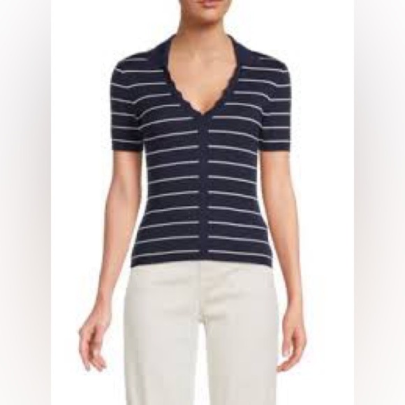 Laundry By Shelli Segal Striped Knit Polo Sweater M SS Navy White Scallop Neck - Picture 1 of 7